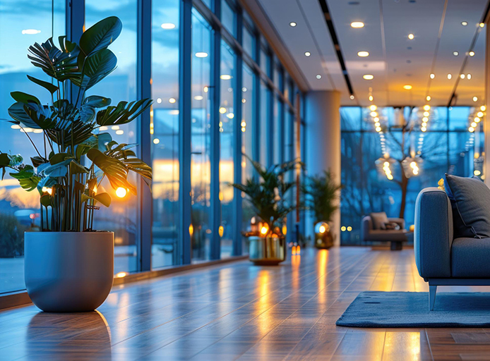 Modern, clean office space with large windows, indoor plants, and soft evening lighting, professionally cleaned by DeLuca Cleaning for a spotless and inviting environment.